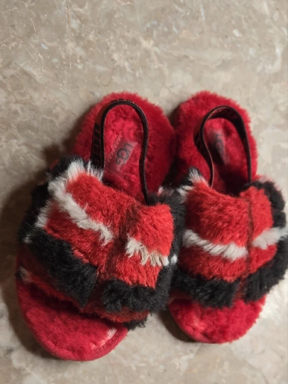 UGG Kids Red, Black & White Fuzzy Slide Sandals
